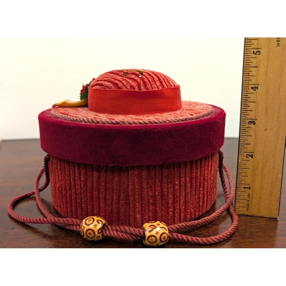 Vintage Style Hat Shaped Sewing Basket Red Velvet Corduroy Rose Trim w/ Notions